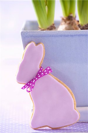 fucsia - An Easter rabbit-shaped biscuit in front of a blue flowerpot Foto de stock - Sin royalties Premium, Código: 659-07027693