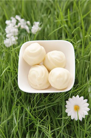 simsearch:659-06670961,k - White chocolate truffles in artificial grass Photographie de stock - Premium Libres de Droits, Code: 659-07028118