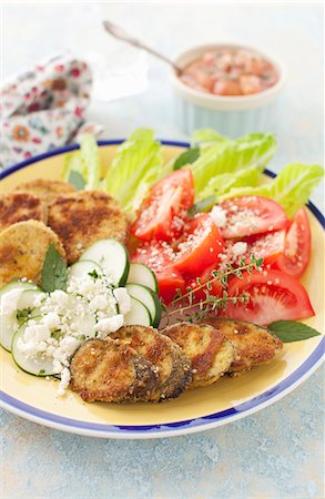 simsearch:659-06494805,k - Curried Fried Eggplant, Cucumber and Tomato Salad with Crumbled Cheese Stock Photo - Premium Royalty-Free, Code: 659-07028262