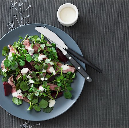 salad overhead - A salad of grilled lamb, watercress, beetroot and aioli Stock Photo - Premium Royalty-Free, Code: 659-07028604