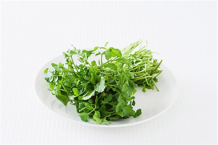 Fresh watercress on a plate against a white background Stock Photo - Premium Royalty-Free, Code: 659-07028608