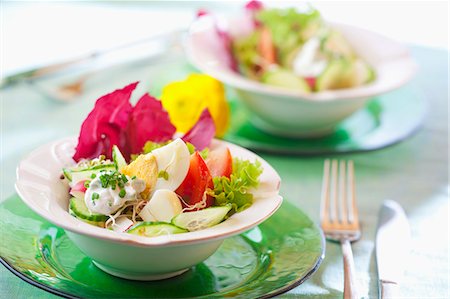 salat - Egg salad with cucumber, tomatoes, chives and radicchio Stockbilder - Premium RF Lizenzfrei, Bildnummer: 659-07069380