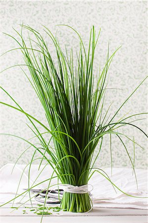 set up - An bunch of chives standing upright on a white cloth with scissors Stock Photo - Premium Royalty-Free, Code: 659-07598140