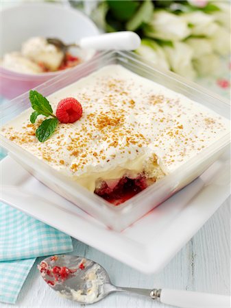 simsearch:659-06307415,k - Trifle with raspberries, sherry and mint, one portion served Stock Photo - Premium Royalty-Free, Code: 659-07598154