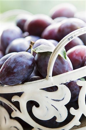 prunus domestica - A metal basket of freshly harvested plums Photographie de stock - Premium Libres de Droits, Code: 659-07598443