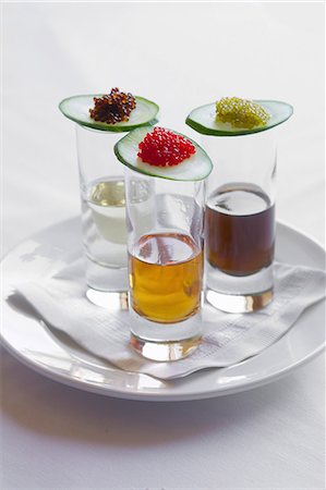 different cocktails - Trio of shots with assorted caviar top Stock Photo - Premium Royalty-Free, Code: 659-07599180