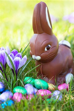 A chocolate Easter Bunny and Easter eggs wrapped in colourful foil in spring field Stock Photo - Premium Royalty-Free, Code: 659-07610026
