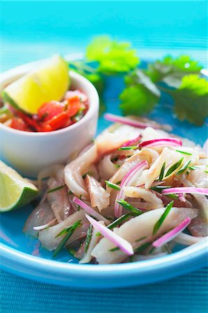 Ceviche with salsa and limes (Mexico) Photographie de stock - Premium Libres de Droits, Code: 659-07958643