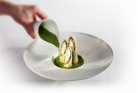 soup plate - Green kale soup with carp spring rolls Stock Photo - Premium Royalty-Free, Code: 659-07958744