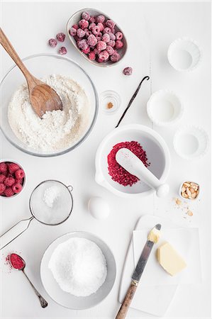 food from above white background - Ingredients for raspberry and almond muffins Stock Photo - Premium Royalty-Free, Code: 659-07958923