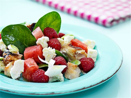 simsearch:659-08419112,k - Chicken salad with watermelon and raspberries Stock Photo - Premium Royalty-Free, Code: 659-07958973