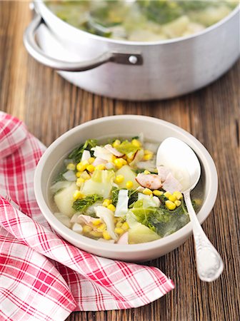 simsearch:659-08903353,k - Savoy cabbage soup with ham and sweetcorn Stock Photo - Premium Royalty-Free, Code: 659-07959083