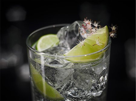 simsearch:659-03529444,k - A Gin & Tonic with ice cubes garnished with lime and flowers Stock Photo - Premium Royalty-Free, Code: 659-08147096