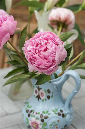 peonia - A pink peony in a painted porcelain vase Foto de stock - Sin royalties Premium, Código: 659-08147614