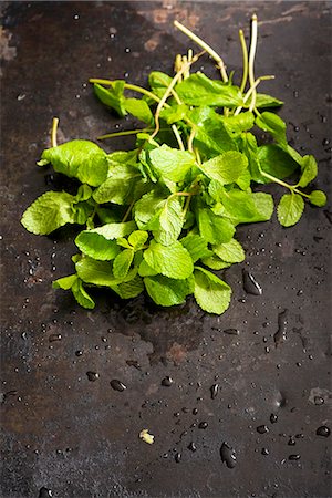 food, dark background - Freshly washed mint (seen from above) Stock Photo - Premium Royalty-Free, Code: 659-08419042