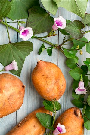 simsearch:659-07068816,k - Sweet potatoes with leaves and flowers Photographie de stock - Premium Libres de Droits, Code: 659-08906233