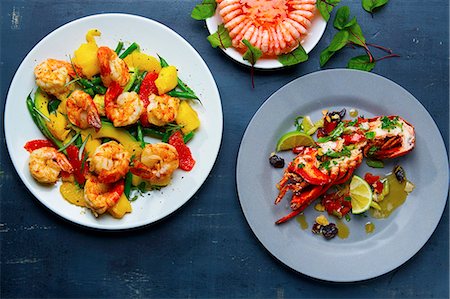 simsearch:659-07959401,k - Three crustacean dishes: prawns with fruit, a ring of prawns amd lobster Stock Photo - Premium Royalty-Free, Code: 659-08906464