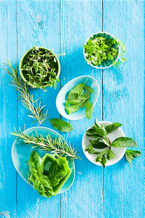 photograph of still life - Fresh rosemary, basil, thyme and sage in bowls Stock Photo - Premium Royalty-Free, Code: 659-08903277