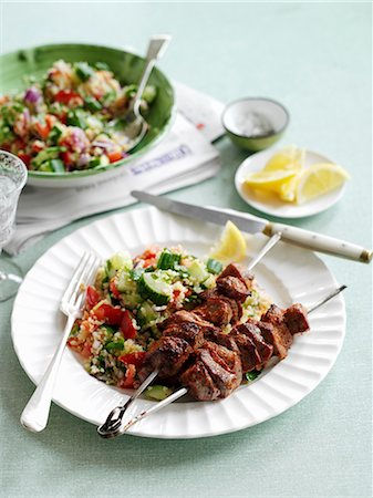 simsearch:659-08419298,k - Lamb kebabs with harissa and tabbouleh Stock Photo - Premium Royalty-Free, Code: 659-08940633