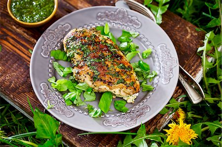 simsearch:659-03535955,k - Grilled chicken breast fillet with a herb pesto Stock Photo - Premium Royalty-Free, Code: 659-08940912