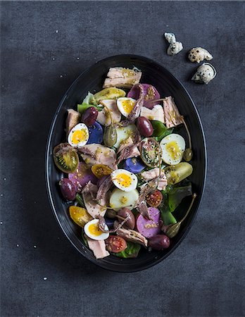 simsearch:659-09124534,k - Salad nicoise, tuna, anchovy and quail egg Stock Photo - Premium Royalty-Free, Code: 659-09125113