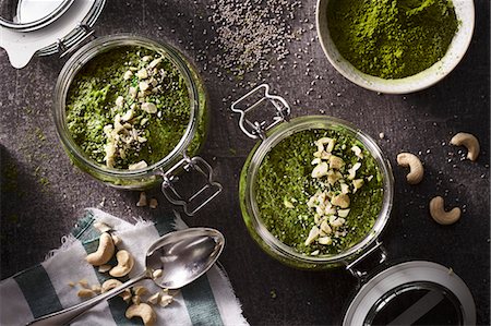 Chia puddings with matcha and cashews Stock Photo - Premium Royalty-Free, Code: 659-09125162
