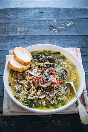 pot barley - Spelt and mushroom soup with chard and chilli Stock Photo - Premium Royalty-Free, Code: 659-09125413