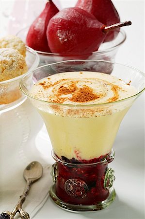 Raspberry compote, Madeira cream & cinnamon, pears in red wine Stock Photo - Premium Royalty-Free, Code: 659-01844539