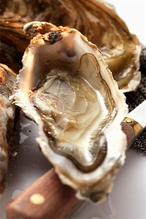 raw oyster - Opened oyster, oyster knife and oyster glove Stock Photo - Premium Royalty-Free, Code: 659-01844598