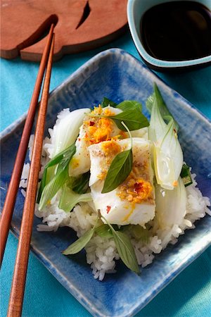 steamed cod - Cod with spring onions and orange sauce on rice Stock Photo - Premium Royalty-Free, Code: 659-01845176