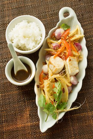 simsearch:659-06151352,k - Fish fillet with bamboo, peppers, soy sauce and rice Stock Photo - Premium Royalty-Free, Code: 659-01845947