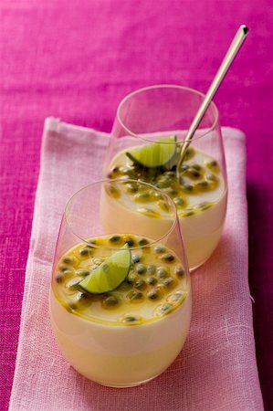 purple granadilla images - Passion fruit cream with coconut and lime in glasses Stock Photo - Premium Royalty-Free, Code: 659-01846804