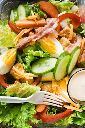 simsearch:659-01862916,k - Feuilles de salade avec oeuf, fromage, bacon et vinaigrette à emporter Photographie de stock - Premium Libres de Droits, Code: 659-01847392