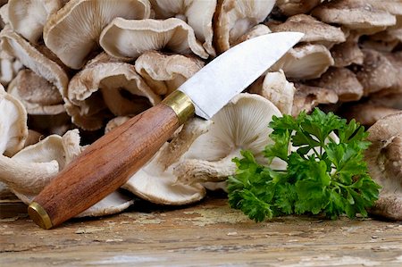 simsearch:659-01848022,k - Shiitake mushrooms with knife and parsley Fotografie stock - Premium Royalty-Free, Codice: 659-01855413