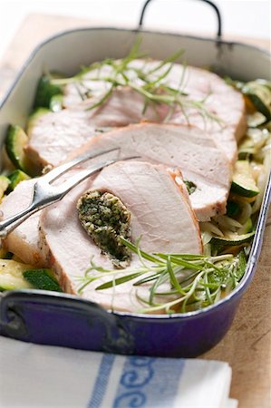 simsearch:659-03534175,k - Loin of pork with herb stuffing on courgettes Stock Photo - Premium Royalty-Free, Code: 659-01856948