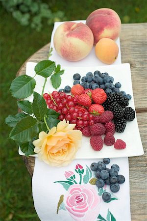 fresh peach - Fresh berries on plate, peaches and apricot beside it Stock Photo - Premium Royalty-Free, Code: 659-01858327