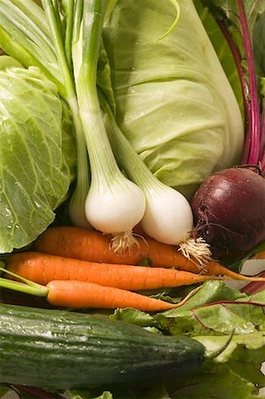 Carrots, spring onions, beetroot, cabbage and cucumber Stock Photo - Premium Royalty-Free, Code: 659-01858519