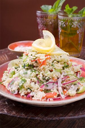 Couscous salad with vegetables, two glasses of peppermint tea Stock Photo - Premium Royalty-Free, Code: 659-01859200