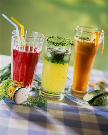 Beetroot juice, cucumber juice with herbs and carrot juice Stock Photo - Premium Royalty-Free, Code: 659-01851686