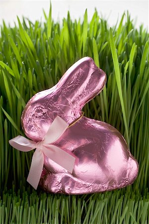 Lapin de Pâques au chocolat rose en herbe Photographie de stock - Premium Libres de Droits, Code: 659-01864276