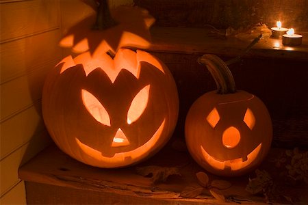 pumpkin carving - Pumpkin lanterns for Halloween on stairs Stock Photo - Premium Royalty-Free, Code: 659-01864428