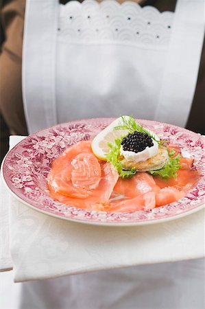 simsearch:659-02212906,k - Chambermaid serving smoked salmon with caviar Stock Photo - Premium Royalty-Free, Code: 659-01865041