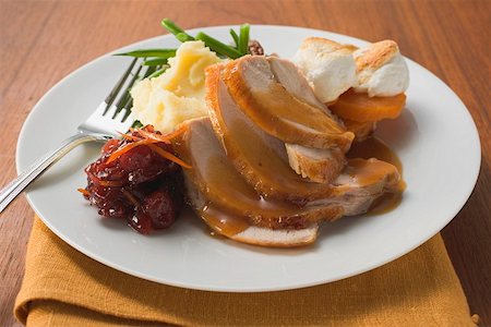 Turkey breast with cranberries, mashed potato, marshmallows Stock Photo - Premium Royalty-Free, Code: 659-01865271