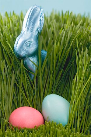 Easter Bunny and coloured eggs in grass Stock Photo - Premium Royalty-Free, Code: 659-01865781