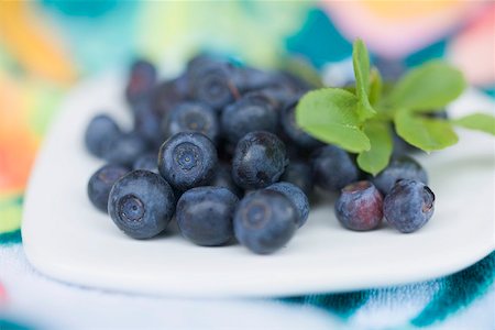 simsearch:659-06154319,k - Blueberries with leaves on plate Foto de stock - Sin royalties Premium, Código: 659-01866268