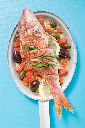 Fried red mullet on Mediterranean vegetables Stock Photo - Premium Royalty-Free, Code: 659-01866840