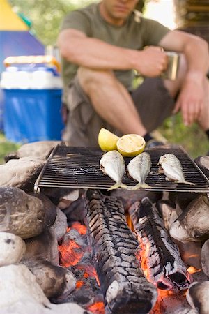Man grilling fish over camp-fire Stock Photo - Premium Royalty-Free, Code: 659-01867178