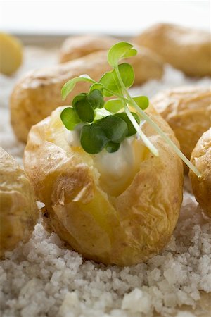 sour cream with baked potatoes - Baked potatoes with sour cream and cress on salt Stock Photo - Premium Royalty-Free, Code: 659-01867200