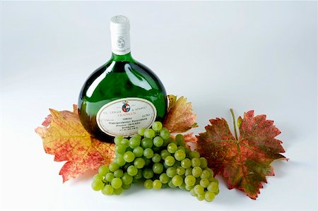 simsearch:659-01861229,k - Bottle of white wine, green grapes, variety Silvaner, leaves Stock Photo - Premium Royalty-Free, Code: 659-01861241