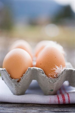 eggbox - Oeufs bruns avec des plumes dans la boîte d'oeufs sur la serviette de thé Photographie de stock - Premium Libres de Droits, Code: 659-01861650